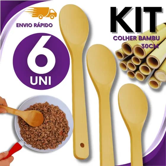 KIT DE 6 Colheres De Bambu 30cm Madeira Bamboo Pau Cozinha Multiuso Premium Utilidades Não risca Panela