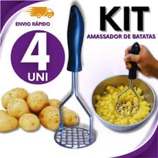 CONJUNTO 04 Amassador de Batatas Manual Inox Cabo Ergonômico Multiuso para Legumes Cozinha Doméstica Espremedor Prático