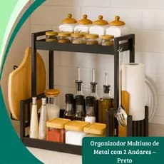 Organizador Multiuso de Metal 2 Andares Preto – Porta Detergente, Rolo de Papel, Talheres, Potes e Tampas
