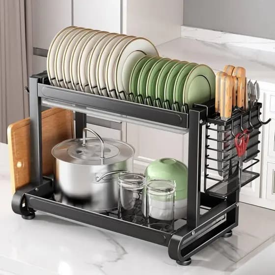 Escorredor de Louça 2 Andares Inox Antiferrugem com Suporte para Talheres e Copos