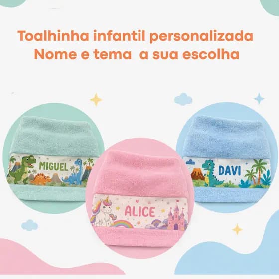 Kit 3 toalhas de boca personalizadas - Com tema e Nome