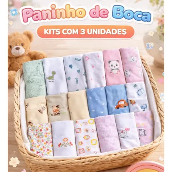 Kit 3 Toalhas de Boca Bebê 30x35 Pano de Boca Algodão Jardim/Panda Rosa/Dino/Marinheiro Enxoval Bebe