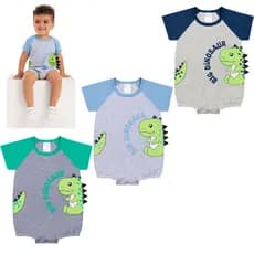 Macacão Bebê Romper Manga Curta Raglan Verão 100% Algodão | Dino Interativo | P, M, G