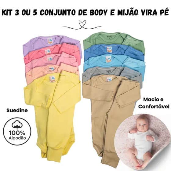 Kit 6 ou 10 Peças Body Manga Longa + Mijão Vira Pé Bebê Algodão | Enxoval Maternidade Menino/Menina