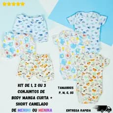 Kit Body de Bebe Manga Curta + Short Canelado Estampado Menino Menina Enxoval de Bebe de Verão