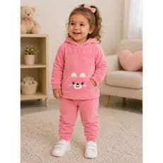 Conjunto Infantil Plush com Capuz Ursinha Menina Inverno Quentinho Macio 1 ao 3 Anos