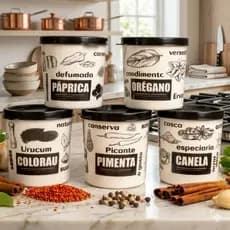 Kit de 5 Potes 140ml para Temperos e Condimentos Kit Porta Temperos Rótulo Minimalista Organizador de Cozinha Gourmet