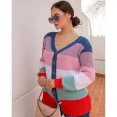 Casaco Feminino Tricot Canelado Listrado Colorido Com Botões Manga Comprida Gola V Inverno Tricô