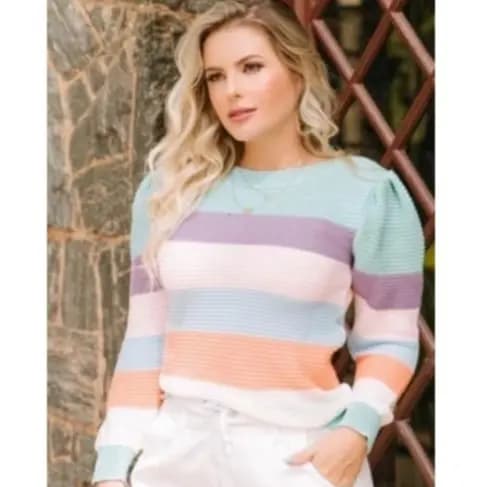 Blusa tricot colorida, suéter de tricô listrado feminino multicores manga princesa, modinha inverno