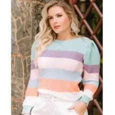 Blusa tricot colorida, suéter de tricô listrado feminino multicores manga princesa, modinha inverno