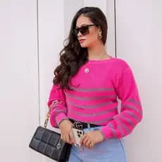 Blusa tricot listrada inverno, fang tricô gola canoa, manga bufante