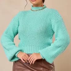 Fang Gola Alta Feminina Manga Bufante Tricot Moda Inverno Cropped Tricô Suéter Casaco Estiloso