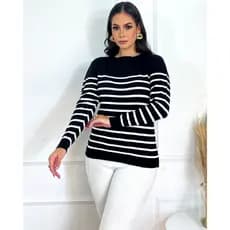 Blusa Listrada Feminina Manga Longa Tricô Moda Inverno Tricot Barra Canelada