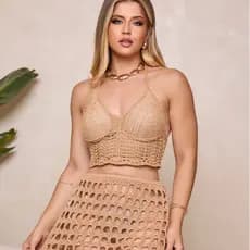 Conjunto Saída de praia estilo crochê, top e saia curta moda verão tricot feminino alça amarração
