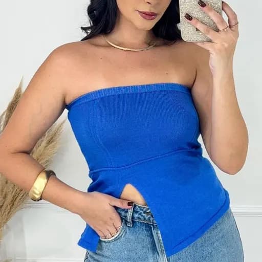 Blusa tomara que caia tricot, top libélula sem alça com fenda lateral, cropped tubinho modal