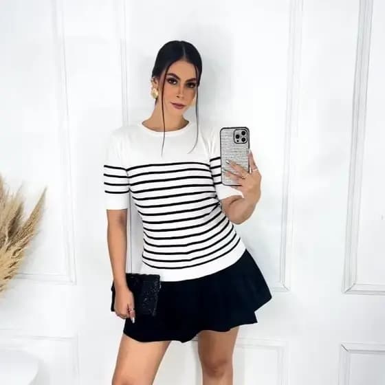 Blusa feminina, t-shirt camiseta blusinha tricot modal listrada com manga curta,inverno verão básica