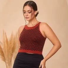 Blusa Cropped Feminina Tricô Regata Gola Redonda Tricot Modal Zig Zag Sem Mangas Moda Verão