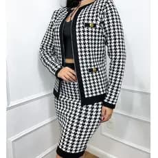 Conjunto blazer estruturado e saia tricô, Pied Poule,casaco botão xadrez manga longa tricot feminino