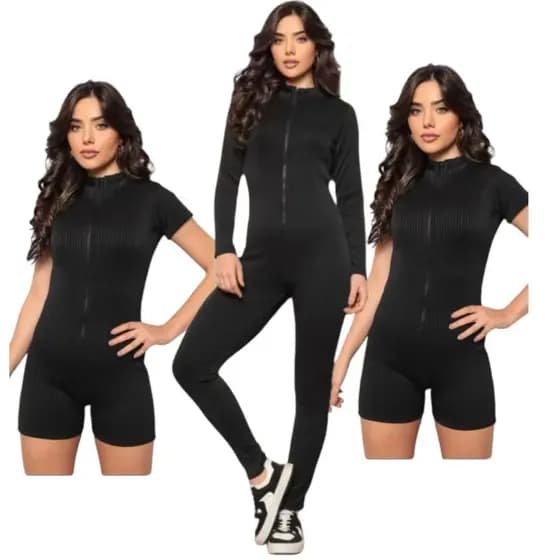 Kit 2 Peças Macacao e Macaquinho Virginia Modelo Feminino Com Zíper Manga Curta e Longa Canelado Premium