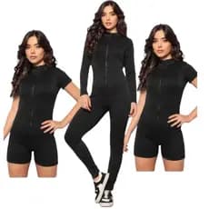 Kit 2 Peças Macacao e Macaquinho Virginia Modelo Feminino Com Zíper Manga Curta e Longa Canelado Premium