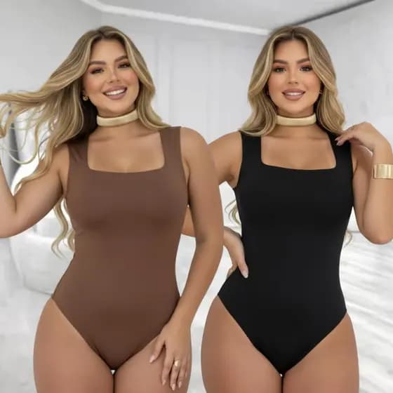 Kit 2 Body feminino suplex decote quadrado alças grossas regata Collant Bory Moda Blogueira Luxo