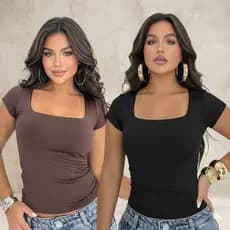 Kit 2 Blusas Baby Tee Basicas De Manguinha Curta Estilo Decote Quadrado Suplex Moda Feminina