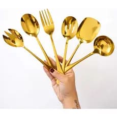 Kit Talheres De Servir Dourados 6 Peças Aço Inox Mesa Posta Colher Grande Garfo Grande Colher par Legumes Concha