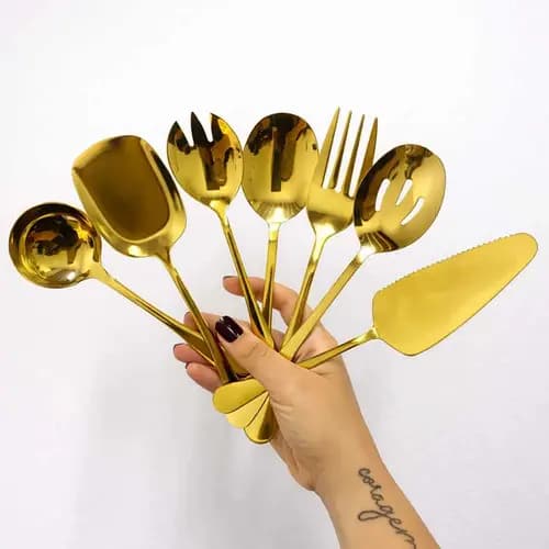 Kit Talheres Servir Dourado Aço Inox Mesa Posta 8 Peças Gold Aço Inox 304 Dourado