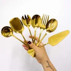 Kit Talheres Servir Dourado Aço Inox Mesa Posta 8 Peças Gold Aço Inox 304 Dourado