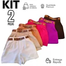Kit 2 Short Feminino Alfaiataria Social com Cinto Cintura Alta Com Bolso do P ao GG PROMOÇÃO