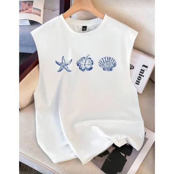 POLAR BEAR Regata Overzide Casual Básica Algodão Estampada Concha Unissex
