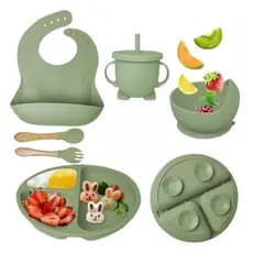 Kit Alimentação Bebê Silicone 6 Peças Com Ventosa Prato Dividido, Babador, Copo e Talheres Colher Garfo Canudo Infantil