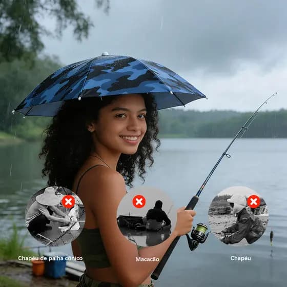 Guarda-Sol de Cabeça Dobrável 69cm Leve para Pesca Praia Camping Proteção Solar e Chuva Fina Camuflado Azul / Verde Amar