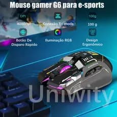 Mouse Gamer Uniwity Sem Fio 3 Modos BT/2.4G/USB, 4000 DPI, RGB, 10 Botões, Silencioso, Recarregável para PC e Notebook