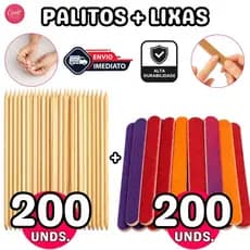 200 Palitos Manicure Pinho + 200 Lixas Mini Color Profissional