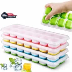 Kit 4 Forma De Gelo Fundo Silicone 14 Cubos Tampa Rígida