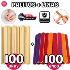 100 Palitos Manicure Laranjeira + 100 Lixas Mini Color Profissional