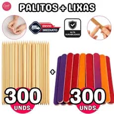 300 Palitos Manicure Laranjeira + 300 Lixas Mini Color para Unhas Profissional