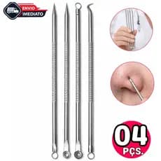 Kit Profissional Removedor De Cravos e Acne C/ 4 Peças De Ponta Dupla Pinça/Agulha/ Extrator