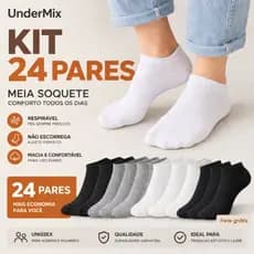 KIT até 24 Pares Meia Cano Curto Soquete Unissex Masculina Feminina Algodão Respirável Dia a Dia Promoção