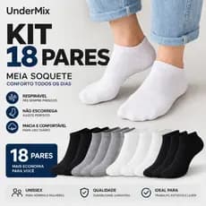 KIT até 18 Pares Meia Cano Curto Soquete Unissex Masculina Feminina Algodão Respirável Dia a Dia Promoção