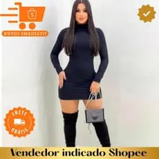 Vestido manga longa curto tubinho gola alta malha canelado Promoção para o frio