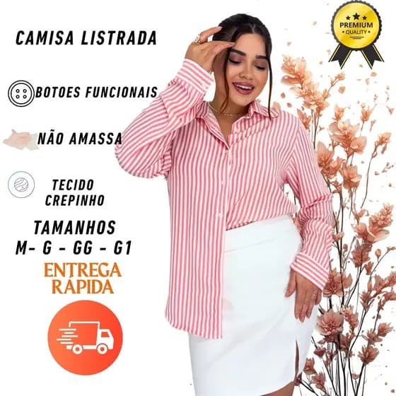 Camisa Feminina Social Listrada em Crepinho – Elegante M G GG G1