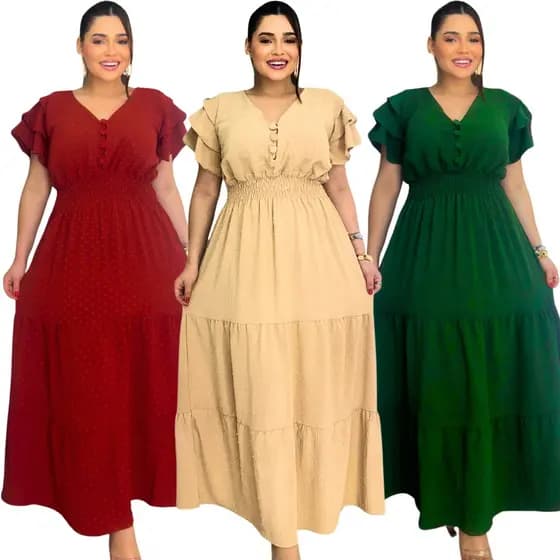 Vestido Longo Plus Size em Tecido Duna Pipoca com Bojo, Lastex na Cintura e Manga Curta