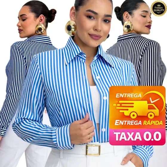 Camisa Feminina Listrada Plus Size em Crepinho – G GG G1