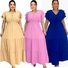 Vestido feminino Luxo Manga Babado Duna Pipoca Casual Longo Plus Size