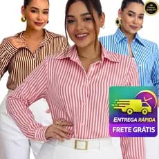 Camisa Feminina Social Clássica Listrada C/ Botões Elegante M G GG G1