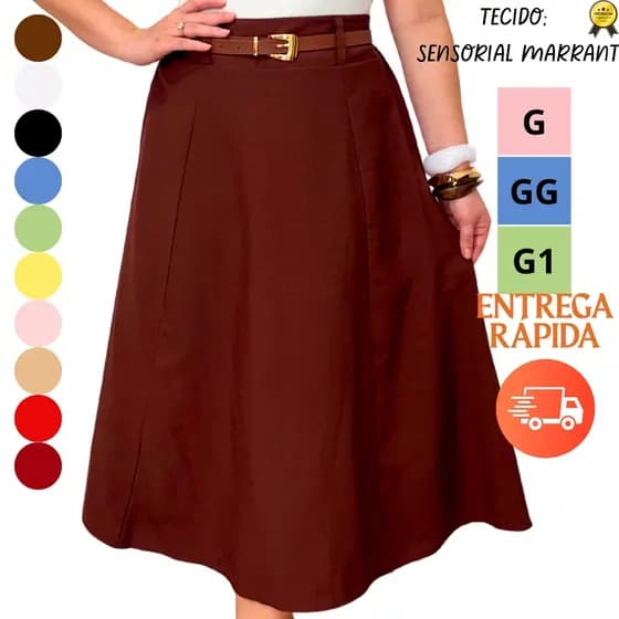 Saia Midi Godê Rodada Evangélica Tecido Sensorial Marrant Plus Size M G GG G1 G2 G3