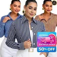 Camisa Listrada Feminina Social Chic em Crepinho Leve – M G GG G1