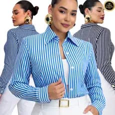 Camisa Feminina Listrada Manga Longa Crepinho – Confortável Plus Size M ao G1